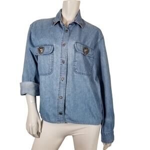 R.S.V.P. Denim Womens Medium Shirt Western Button Up Heart Metal Embellishments